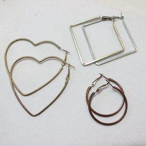 y2k grunge tarnished 3 Pairs of Geometric Heart Sparkly Variety Hoop Earrings